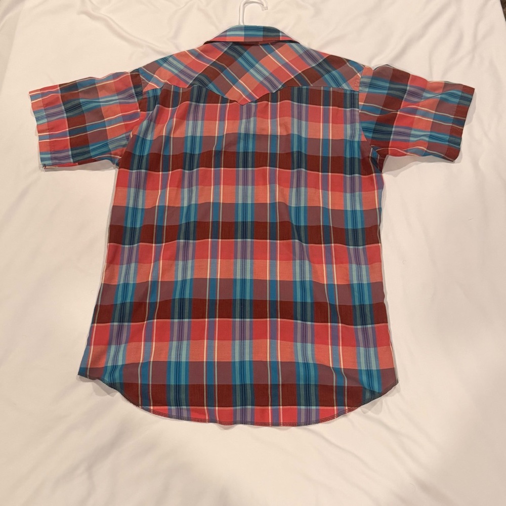 Wrangler Short Sleeve Plaid Pearl Snap Button-Down Shirt - Red & Blue - Picture 4 of 5